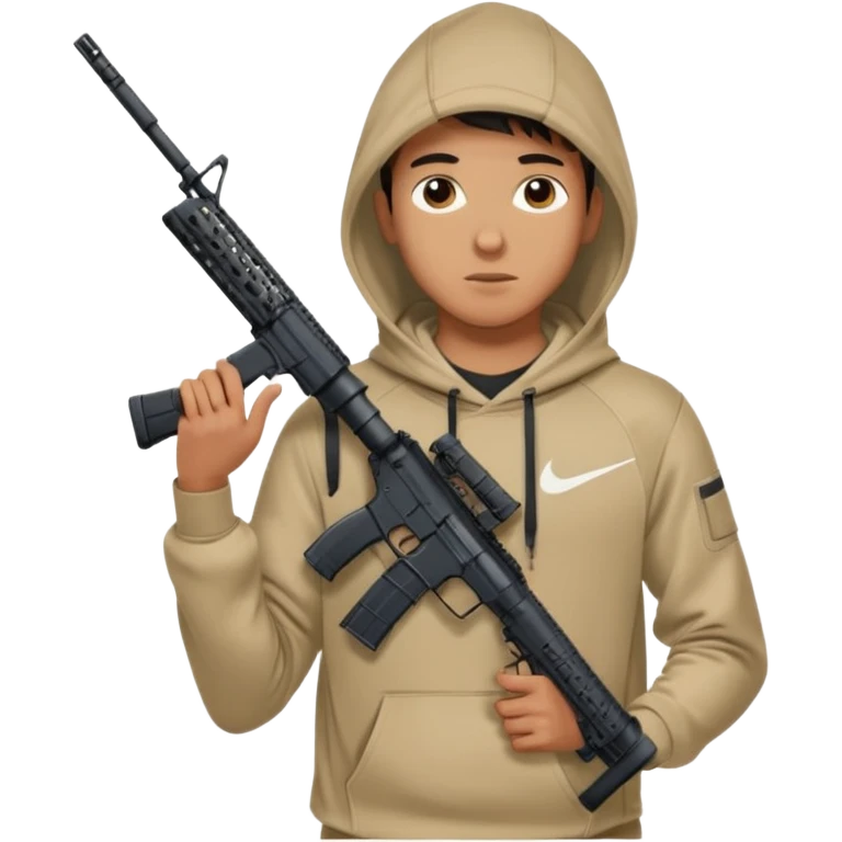 
Fais moi un jeune taliban qui ressemble qui tient une AR15 avec un hoodie a capuche, capuché, avec la cagoule nike therma fit hood emoji