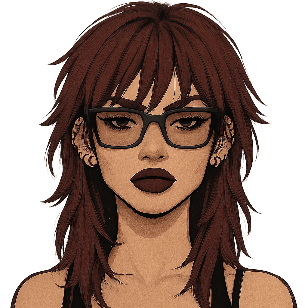 avatar with burgundy long shaggy cut hair, rectangle black-brown two-tone spectacles, baddie vibe, three lobe piercings on left ear, two lobe piercings on right ear emoji