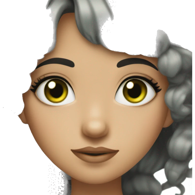 A girl with short, messy black hair, green eyes with circles, and thick eyelashes emoji