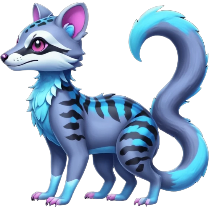 Colorful neon tropical exotic cute cool beautiful shiny beautiful fantasy-civet-genet-sergal-vernid-Gryphon-Cacomistle-Trico-oncilla-animal-Fakémon-hybrid-fursona (full body) emoji