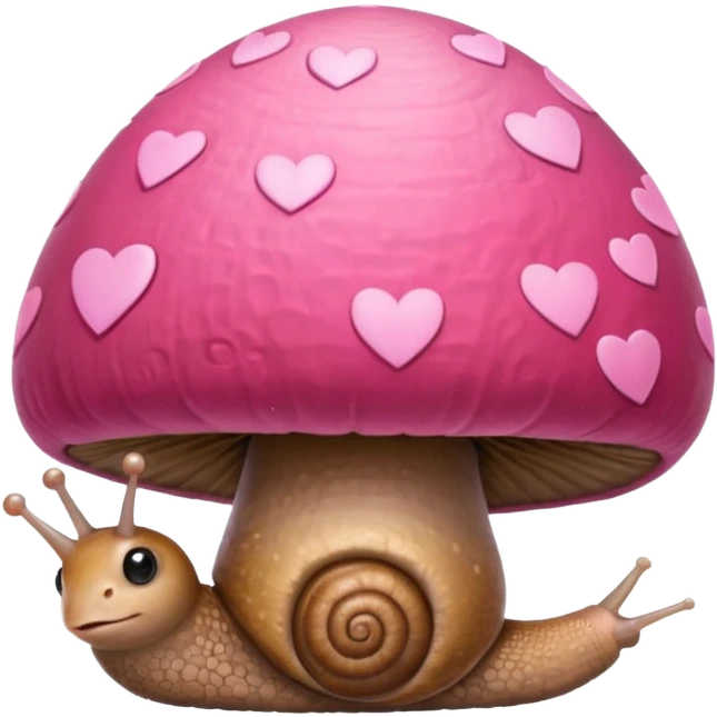 Little snail on a pink mushroom shaped like a heart emoji