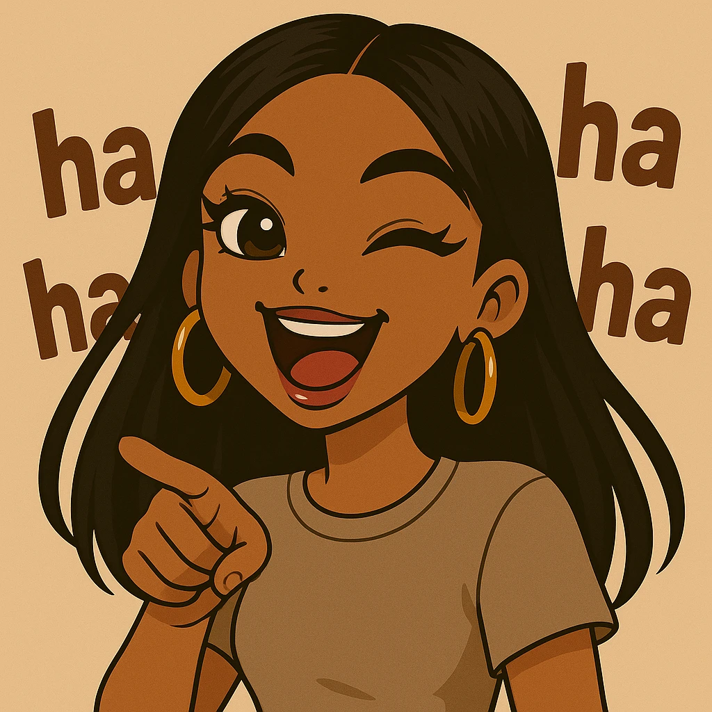 Change the pose to pointing and laughing, add 'ha ha ha' text in the background, headshot only, 20-year-old anime Bratz style woman with dark skin, straight hair, more casual outfit, big expressive eyes, glossy lips, no hat, no tears, happy expression, looking straight ahead. emoji