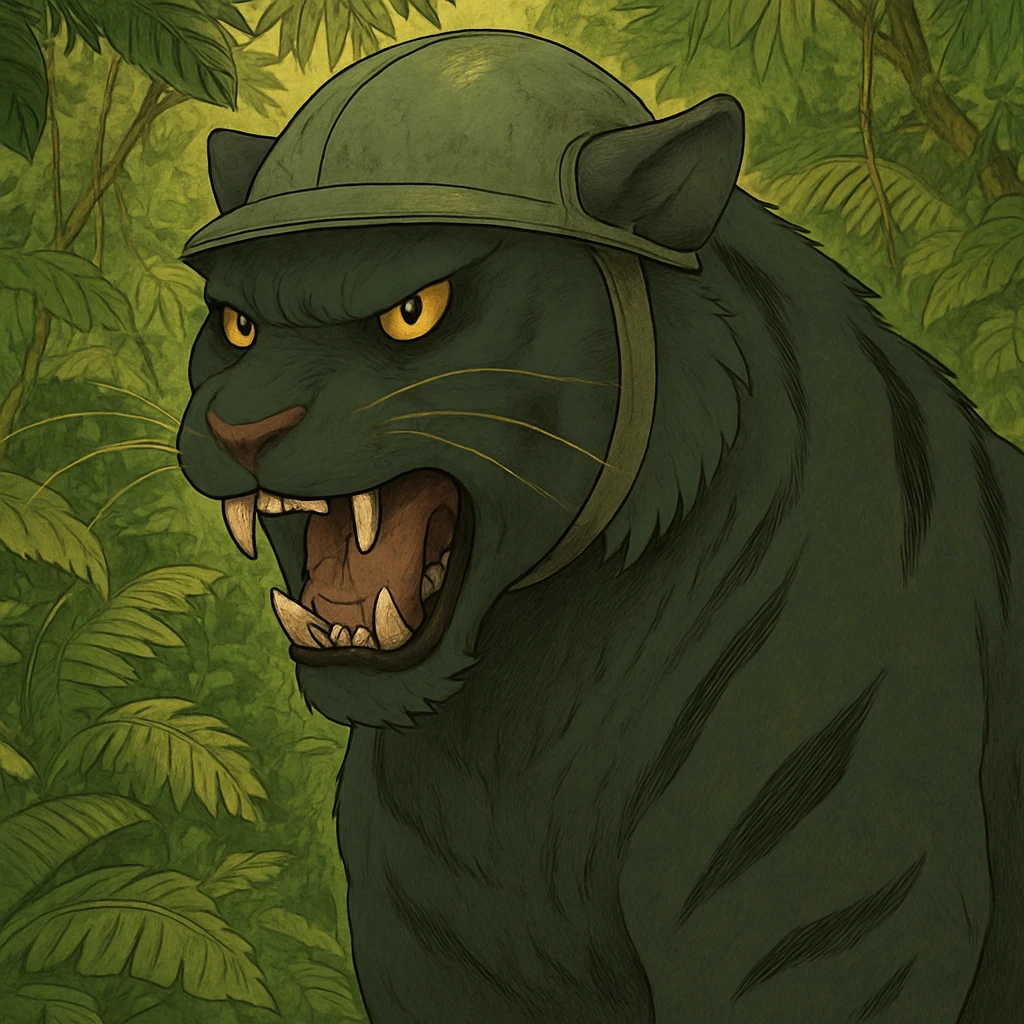 Add a lush jungle background behind the angry black tiger wearing a helmet, keep the original style and mood emoji