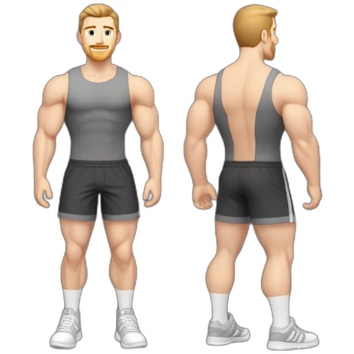 Full height Pale skinned fit man With biceps, Realistic eyes and mouth, light brown hair and stubble In dark gray sleeveless mike, black oversize sports shorts, watch and white sneakers. emoji