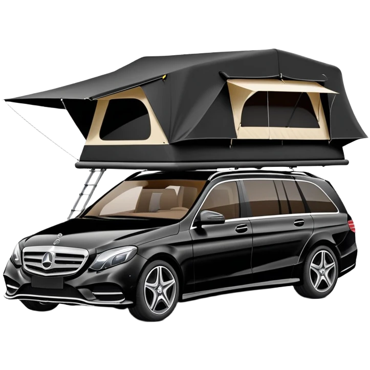 black Mercedes-Benz car with roof tent emoji