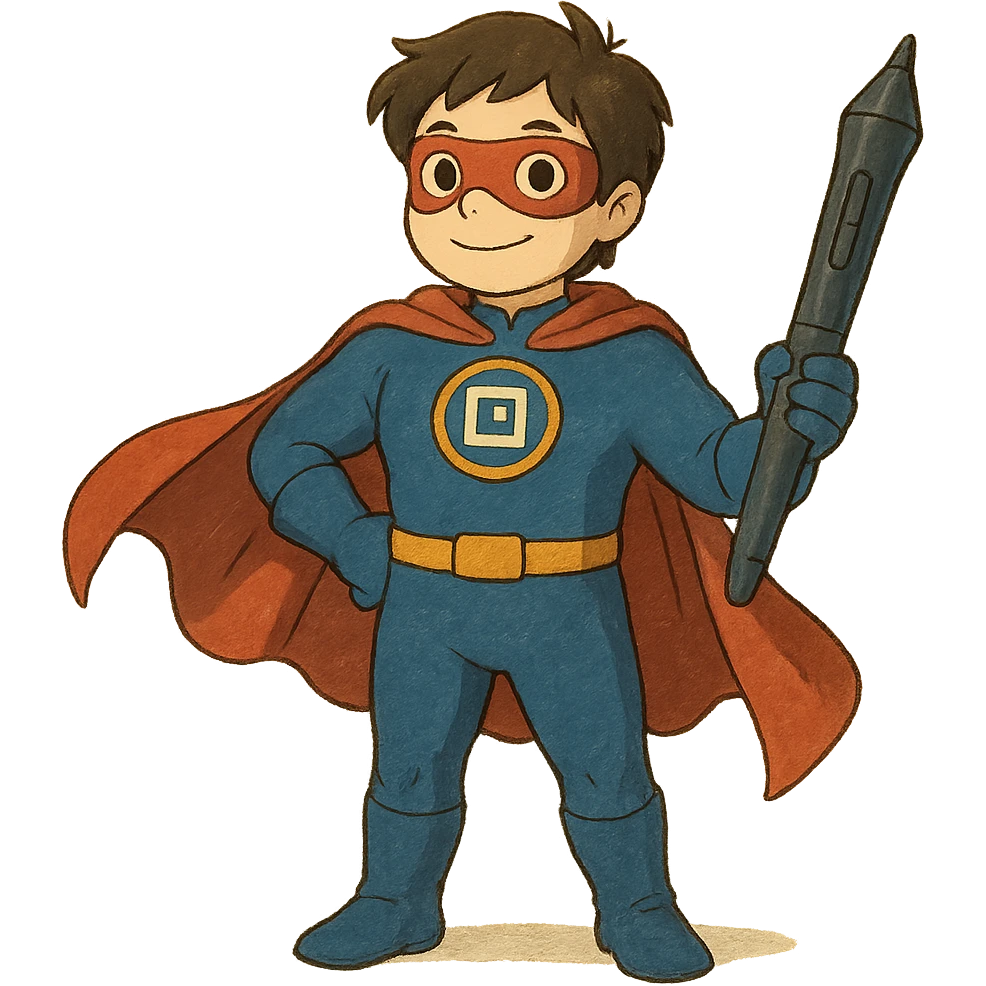 superhero character named Icon with a graphic designer theme emoji