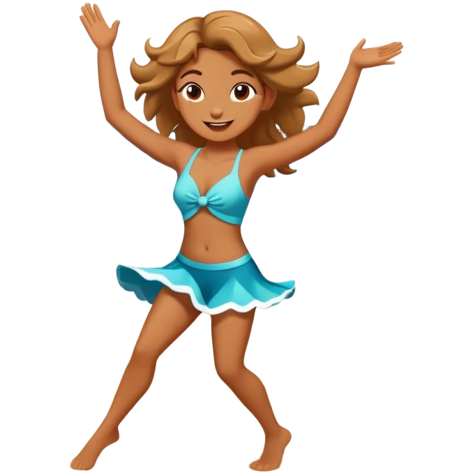 Dancing cartoon character on a sunny beach with sunlight highlighting them, playful pose, ocean waves in background emoji