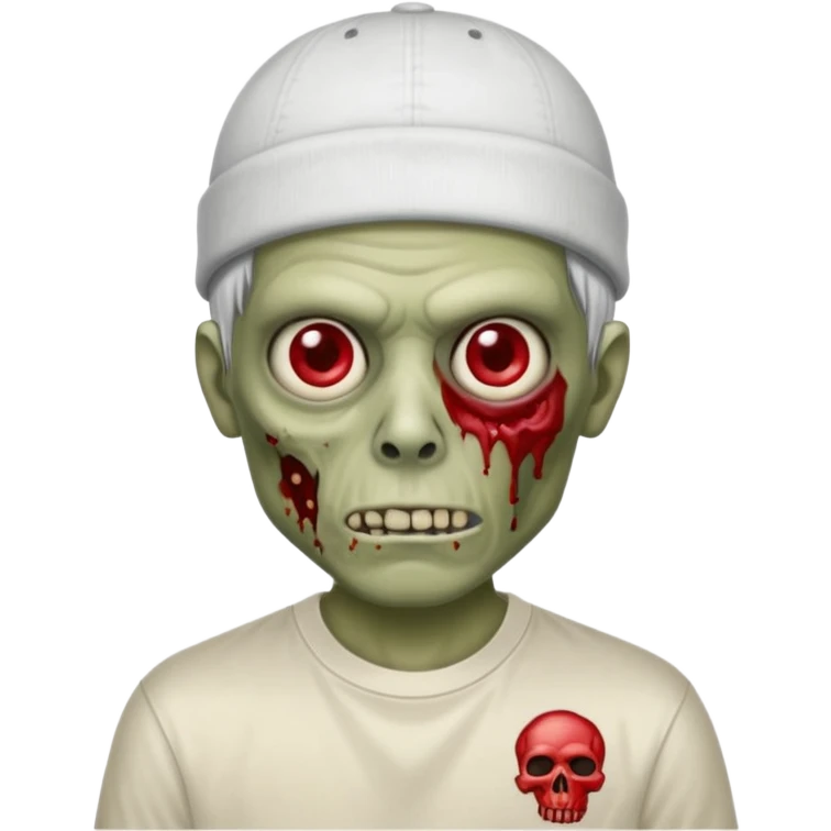 a zombie with the edgar hair cut chrome hearts shirt, one red eye and a nike skully on his head emoji
