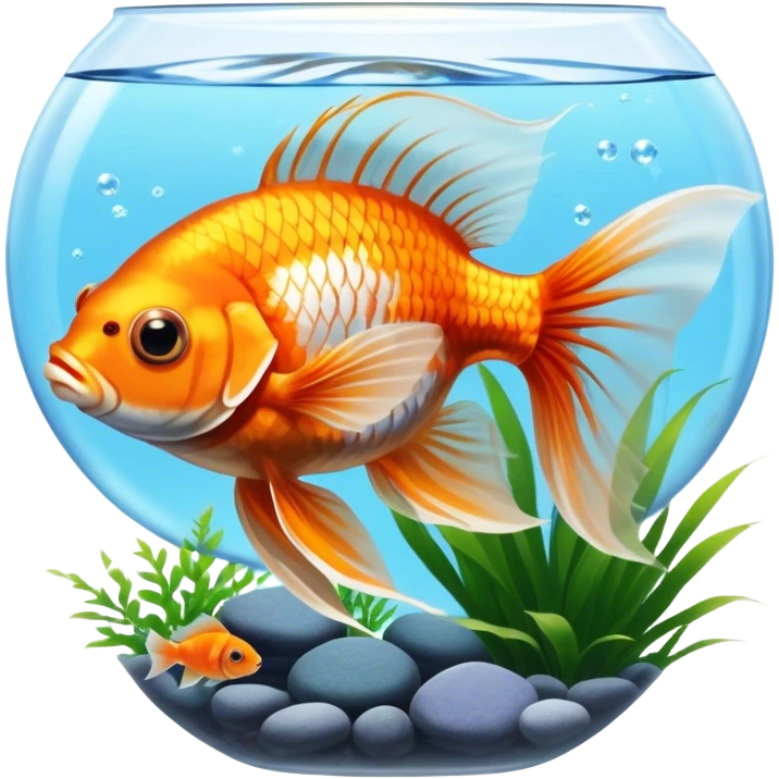 Large aquarium fish like veil tails and lionhead goldfish swimming gracefully in a beautifully decorated aquarium. Colorful aquatic plants, smooth rocks, and gentle bubbles surround the fish. The water shimmers in sunlight, creating a peaceful and vibrant underwater scene. Transparent background. emoji