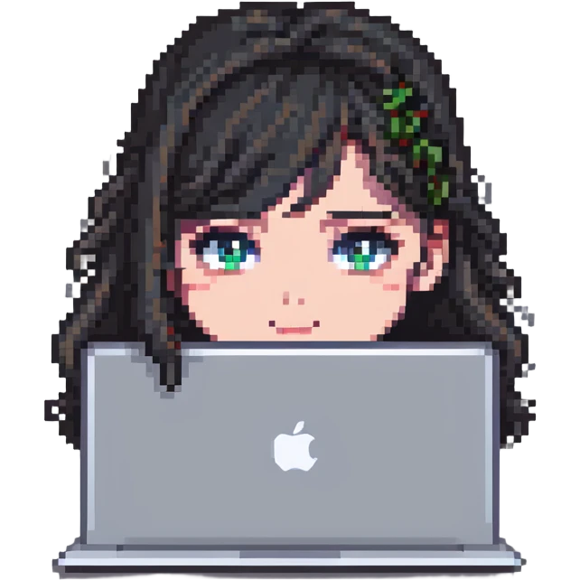 close-up of a girl's face peeking over a MacBook, pixel art style emoji