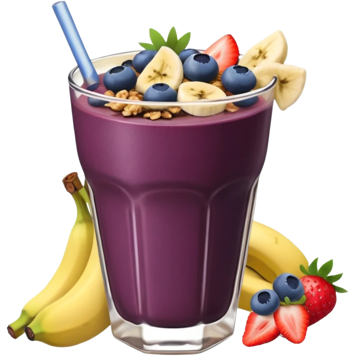 Vaso con açai, que lleve granola plátano arándanos y frutillas emoji