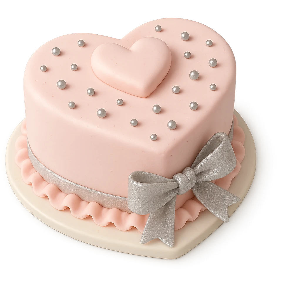 heart-shaped fondant cake with silver accents emoji