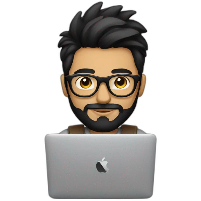 Designer with black hair, beard and glasses working with MacBook and drinking cappuccino  emoji