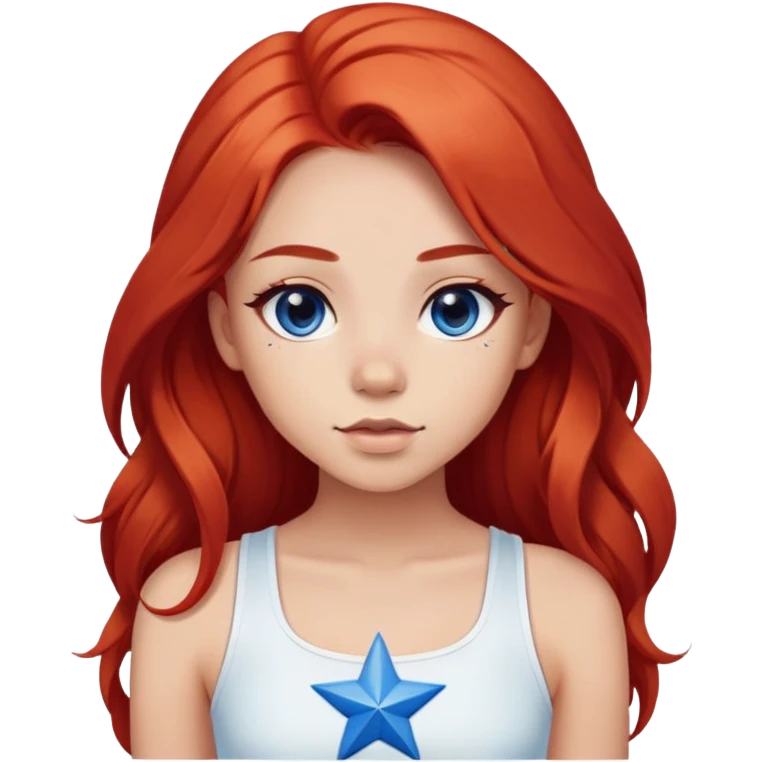 a girl with a red long hair and a black eyes and a light skin ton and a cute look she is wering a crop top colored white and in the midle of it a blue star emoji