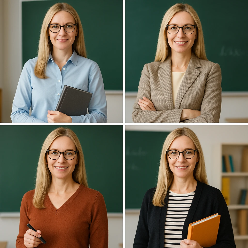 profesora de pelo liso rubio y piel clara, varied style emoji