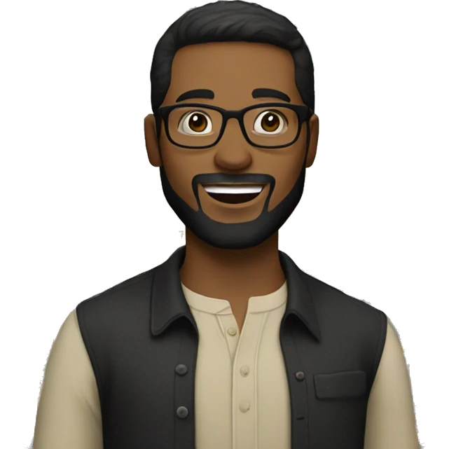 A man with glasses, short dark hair, and a beard wearing a black button-up shirt and light colored pants, standing in front of a colorful background with text. emoji