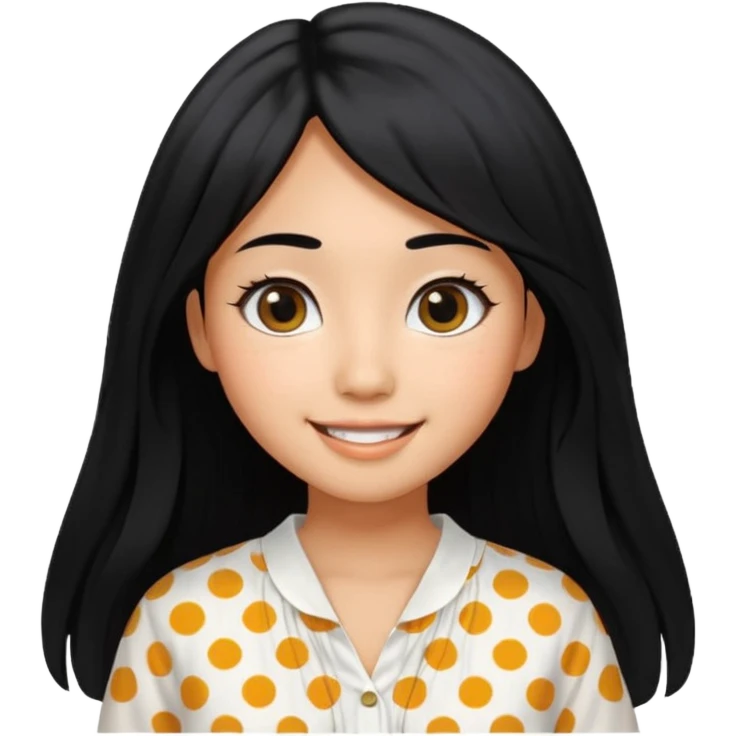 20 yr old asian woman hair white blouse with black dots center part big eyes big smile tanned skin straight black hair hippie part hair  emoji