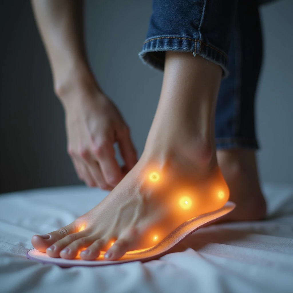 woman with orthopedic insole highlighted in different color or transparent to show fit to foot, evident pain, realistic style, clinical environment emoji