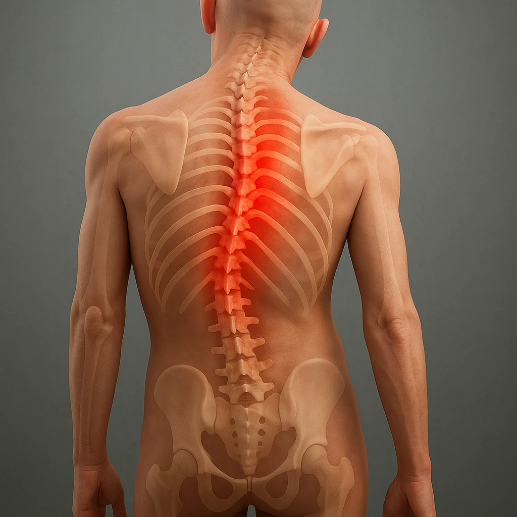 Create a hyperrealistic 3D medical illustration of a human body viewed from behind with the entire head visible. One shoulder is higher than the other, showing a crooked posture with evident scoliosis. The spine is realistically visible, crooked, and highlighted to emphasize back pain and spinal deformity. The image should be in 4K quality with a medical atmosphere. Use the reference image for details. emoji