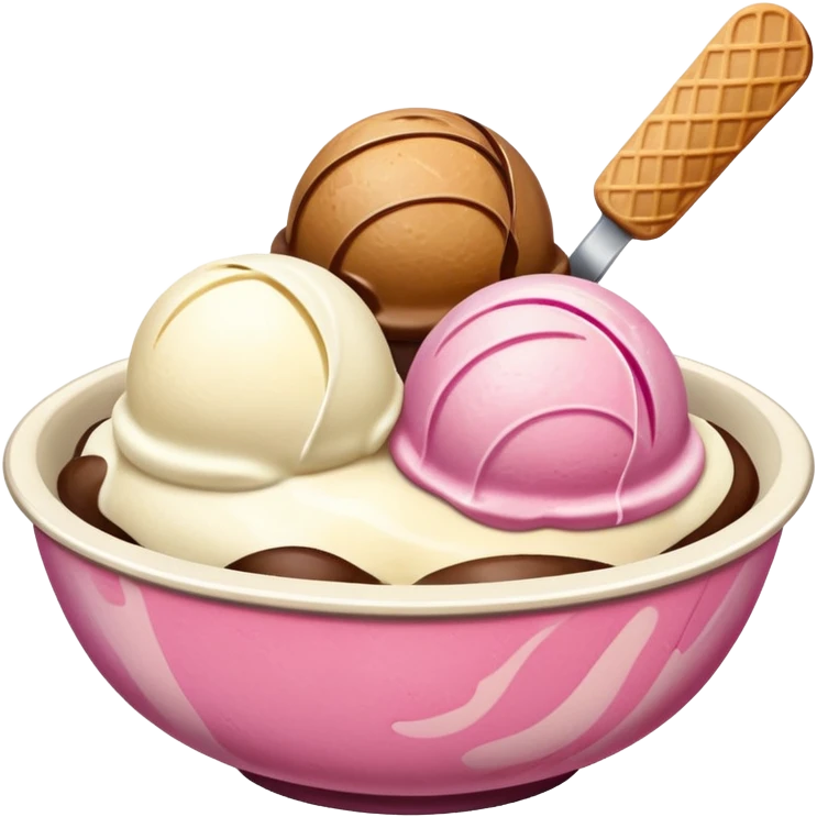 White, brown, and pink ice cream scoops in a bowl emoji