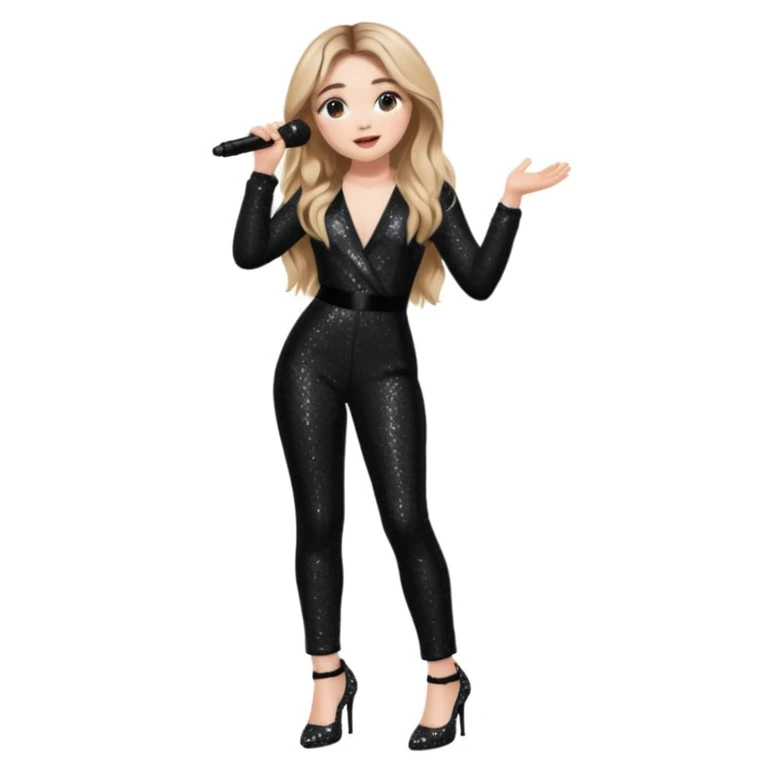 Sabrina carpenter singing at concert wearing a black sparkle jumpsuit and black sparkle heels. There is a huge crowd and light pink stage setting  emoji