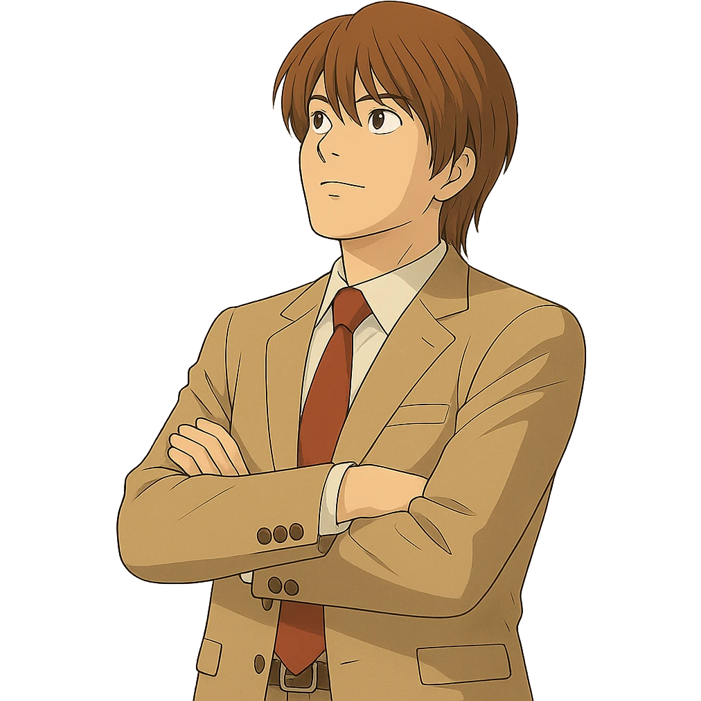 Make this exact Light Yagami in Ghibli style, standing with his arms crossed and looking upward, same suit, same confident expression. Match the face, hair, and suit details exactly to the reference. Transparent background. emoji