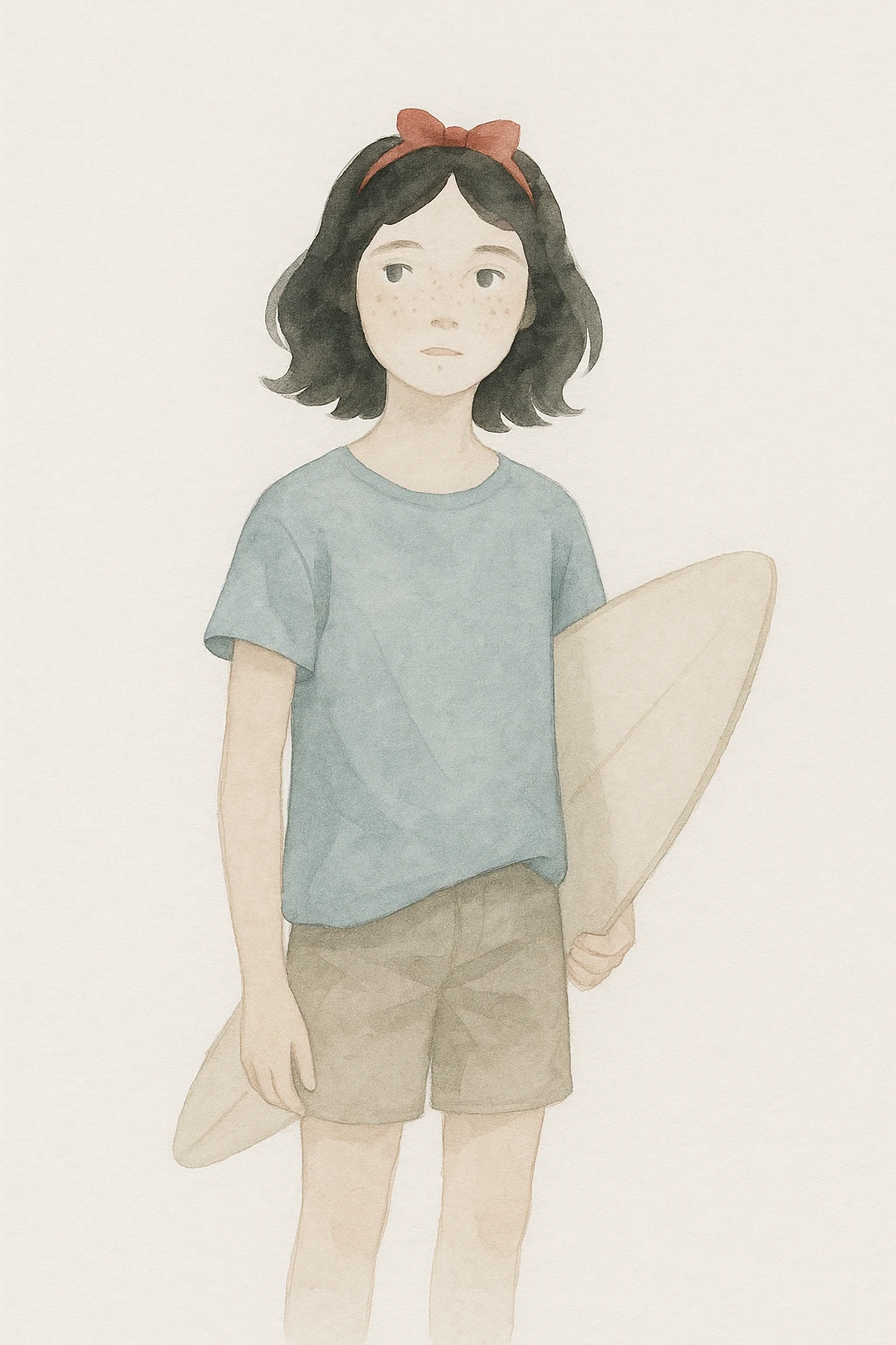 14-year-old girl resembling Snow White, hair slightly below shoulders, small green eyes, some freckles, surfer, medium height, watercolor style emoji