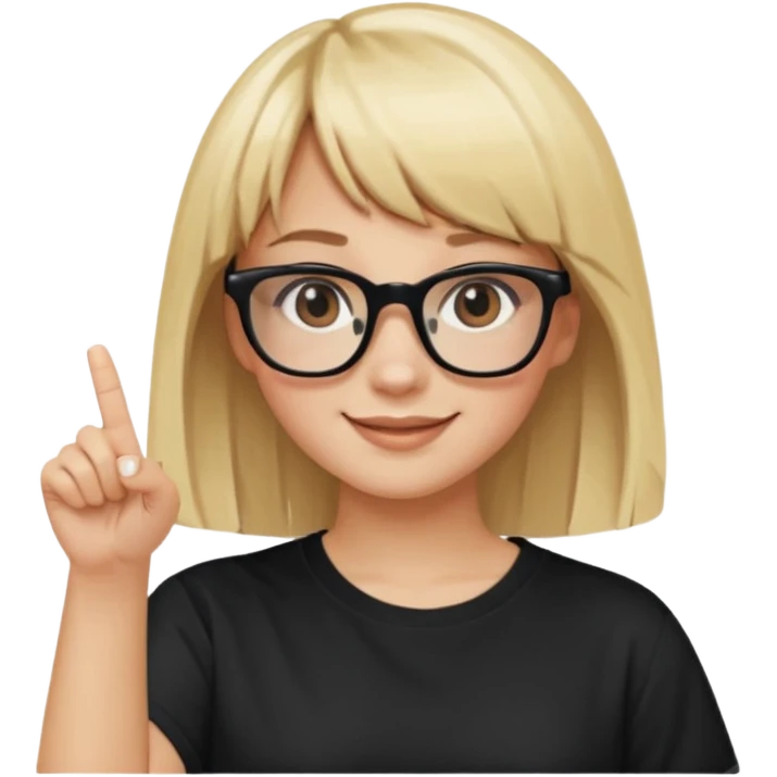 smiling girl with blonde hair, bangs, and brown eyes, wearing black square glasses and a white oversized T-shirt, pointing her finger up to the right, Apple emoji style emoji