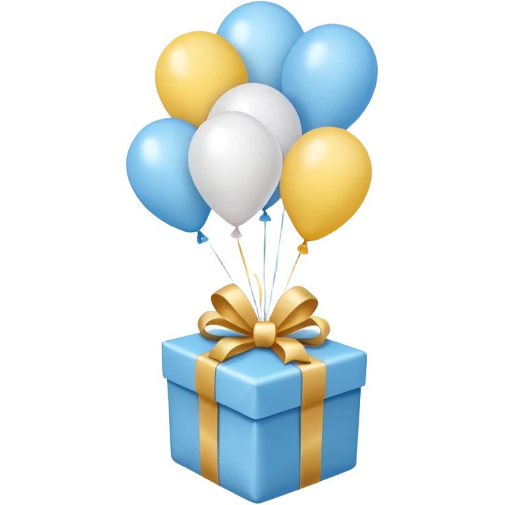Please make light blue and white balloons too, make several and tie them to a gift, the gifts with the most balloons, make the light blue and white balloons emoji
