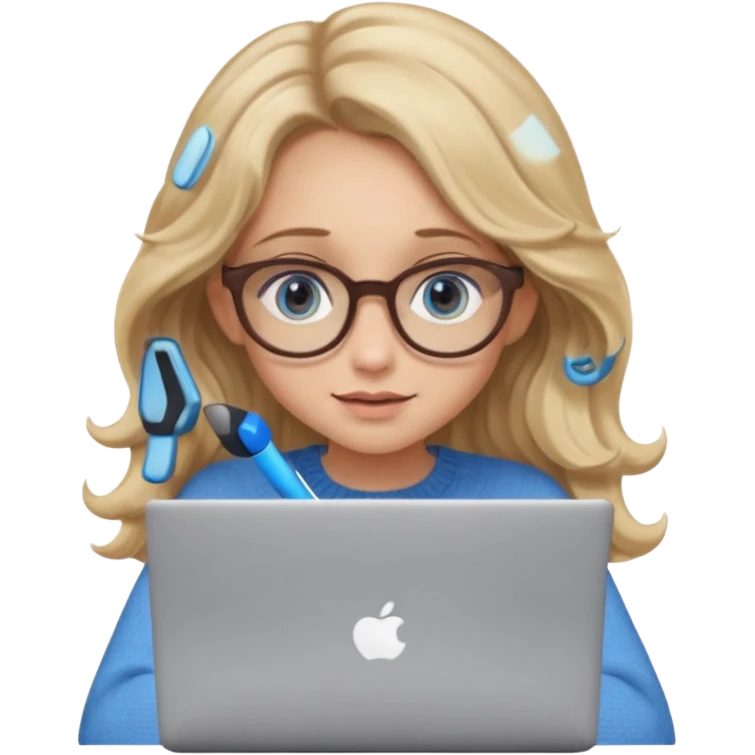 blonde girl with long dark blonde wavy hair, blue big eyes, pantos-style glasses, a brown sweater, sitting and looking in laptop, soft pastel, upper body shot emoji