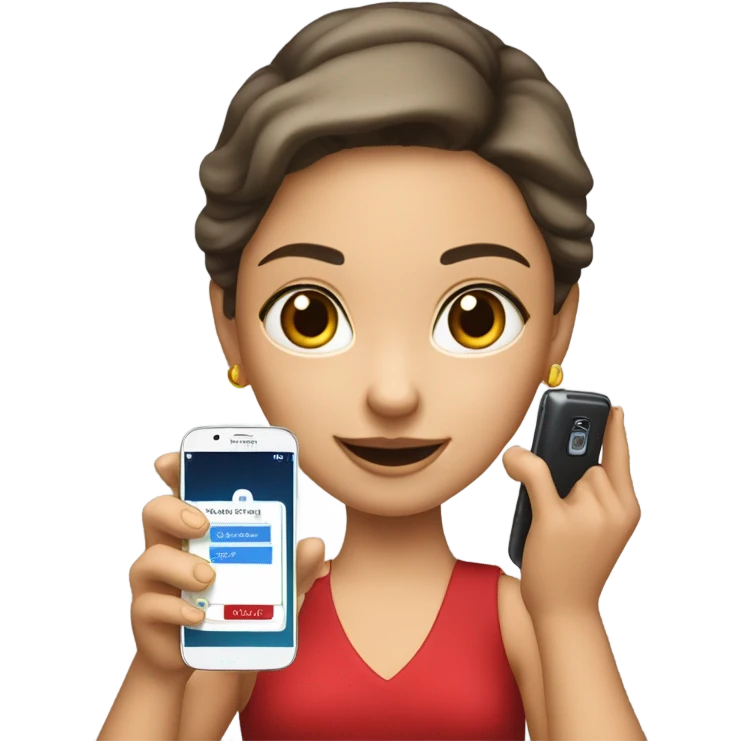 a white girl in a red dress holding a cell phone showing it emoji