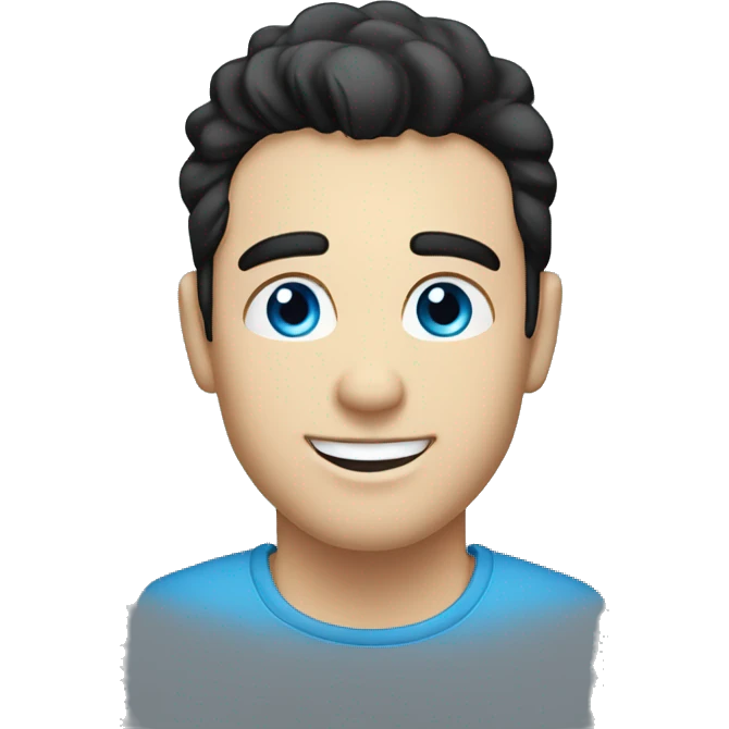 Man, blue eyes, black hair, bright blue eyes, white skin, caucasian, smiling, happy emoji