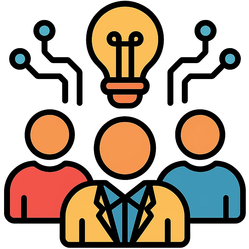 icon representing an online community for managers adapting to the AI Era, featuring a group of people, subtle AI or tech elements like circuit lines or a lightbulb, modern and welcoming look emoji
