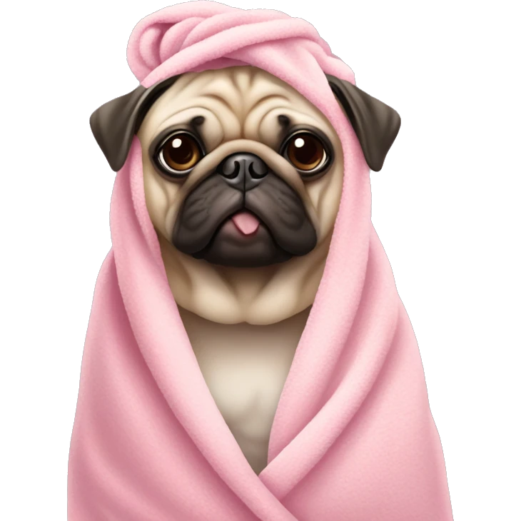 beige pug dog with a pink towel on its head and boba emoji