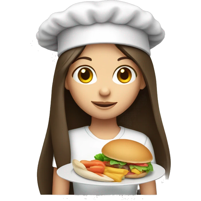 Brunette long straight hair girl holding food plate in a cook hat emoji
