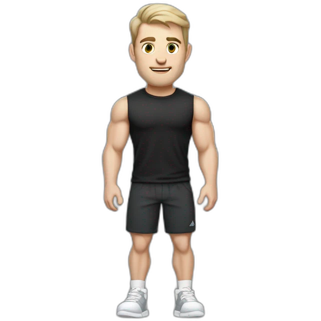 Pale skinned Fit Man With the biceps and dark brown hair in black shirt, gray sports shorts and white Sneakers emoji