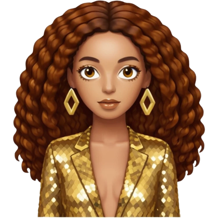 Solange with long dark auburn hair, gold sequin outfit emoji
