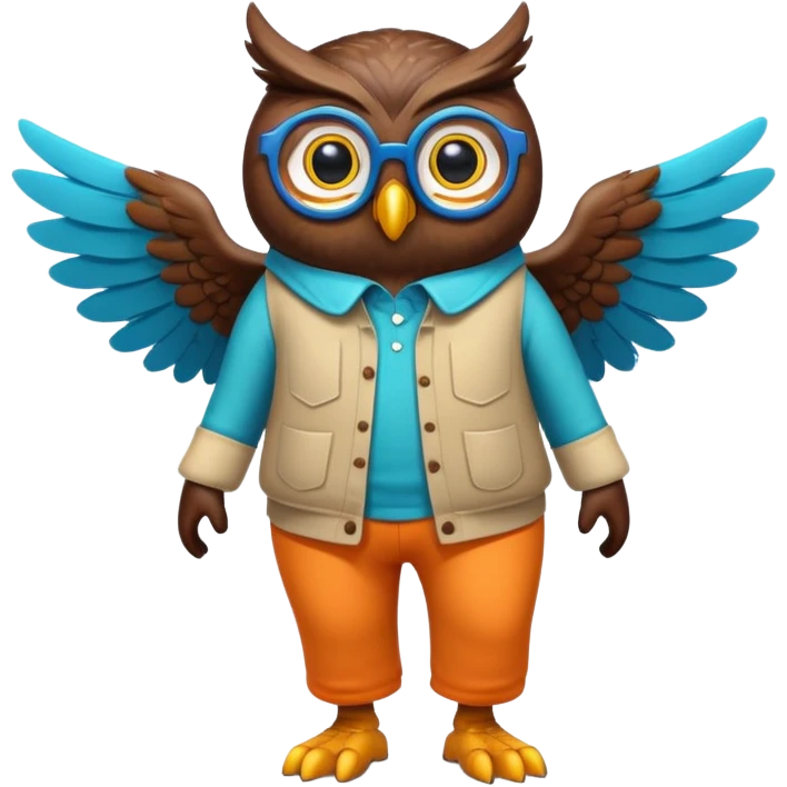 friendly anthropomorphised night owl with wings instead of arms, colourful pants and shirt, wearing glasses, walking upright, night owl features and colours, unique pose 1 emoji