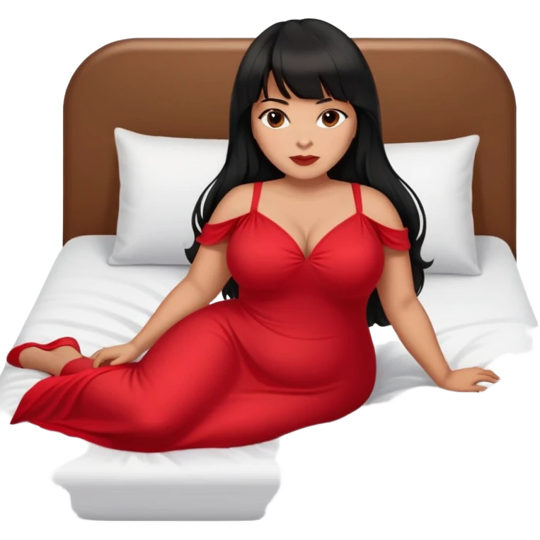 Latina medium skin tone with bangs black long hair plus size sexy red dress laying down in bed emoji