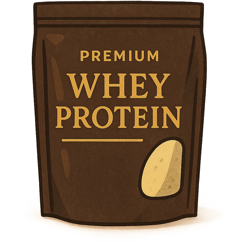 whey protein pouch, premium style, metallic gold highlights, dark background, elegant font, luxury supplement packaging emoji
