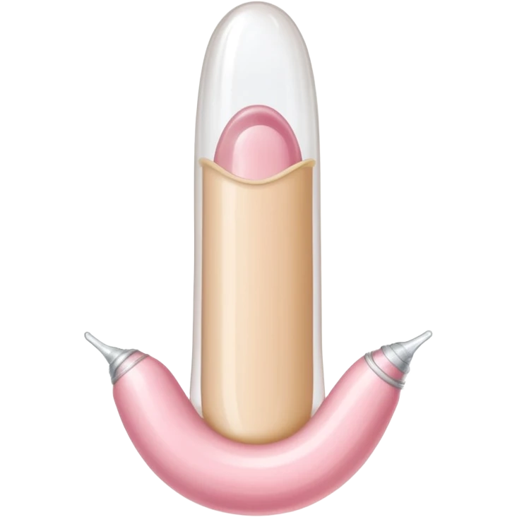 white transparent condom fully covering cylindrical beige-pink colored penis shaft, no face, include glans penis tip urethra opening hole and corona line at one end, base of penis is flat. top of condom has reservoir tip emoji