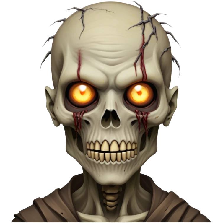 Cinematic Realistic WoW undead civilian Portrait, head tilted epicly and inquisitively, showcasing grim resilience and defiant strength. His withered, pallid skin and intense, glowing eyes contrast starkly with his worn, earth-toned clothes, rendered in meticulous detail. With dynamic, high-contrast lighting and high shine, this portrait exudes an epic aura, capturing the relentless will of a battle-hardened undead civilian. emoji