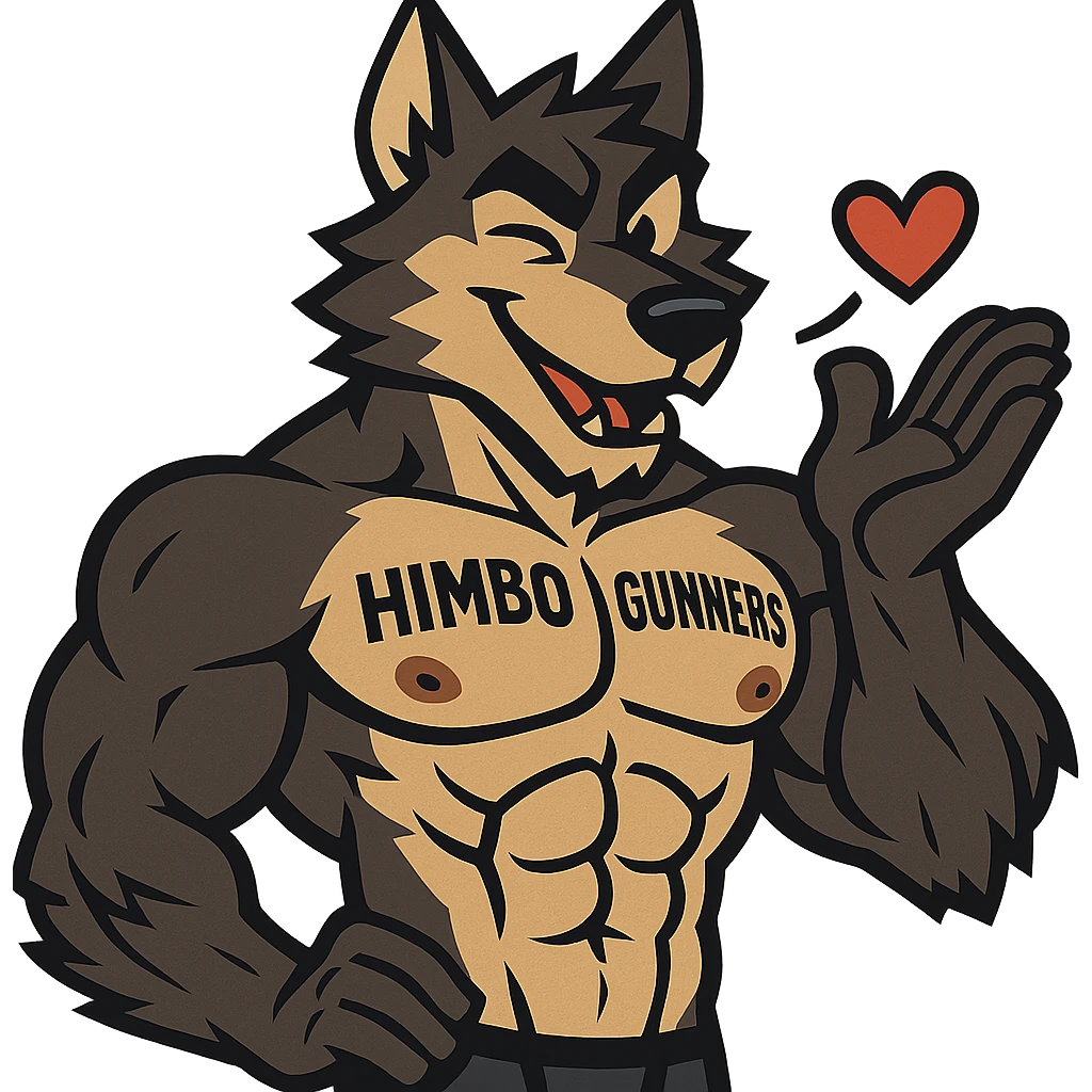 very muscular wolf furry, shirtless, with 'Himbo Gunners' tattooed on his pecs, blowing a kiss and winking, playful and confident expression, highly detailed fur and anatomy, ultra high quality emoji