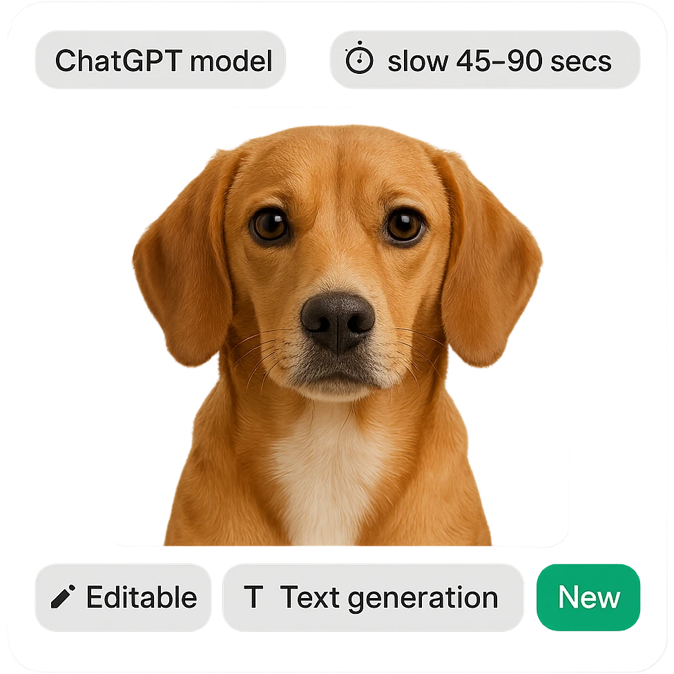 1:1 image of a dog for web UI, modern seamless look, including tags 'ChatGPT model', 'Speed icon: slow 45-90 secs', 'Editable', 'Text generation', 'New' as part of the image design emoji