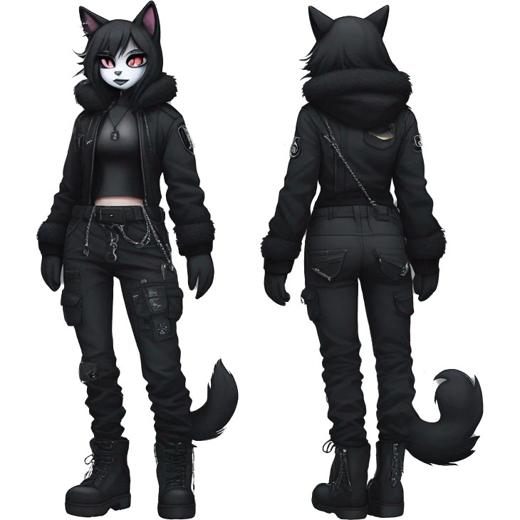 Gorgeous furry gothic dark techwear anime style anthro black cat furry sona Fakemon with blushing face aesthetic and pretty edgy black with collar and harness trending style chains cargo pants tomboy emoji