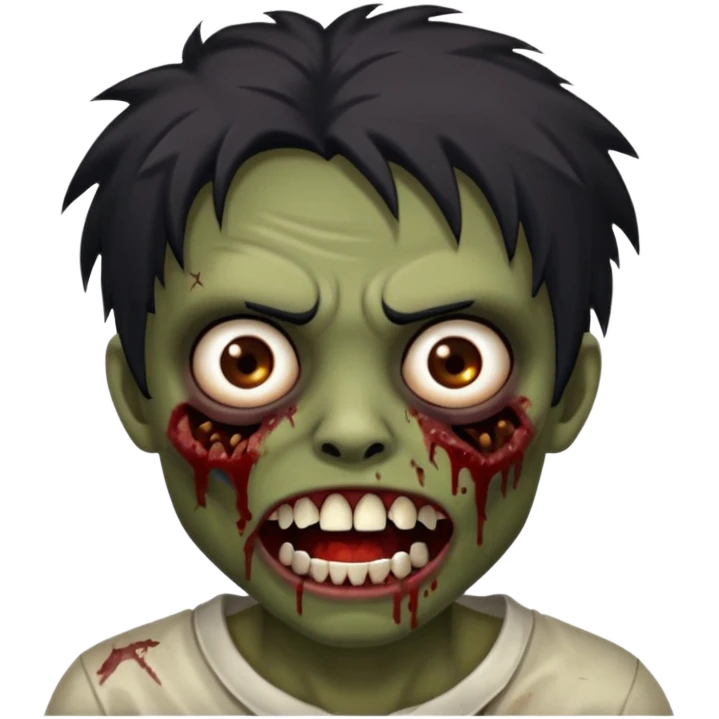 zombie with brown skin, messy black hair, wide centered brown eyes, dark bloody marks under the eyes, and a slightly open mouth showing crooked teeth grillz, giving a distressed, undead look. emoji