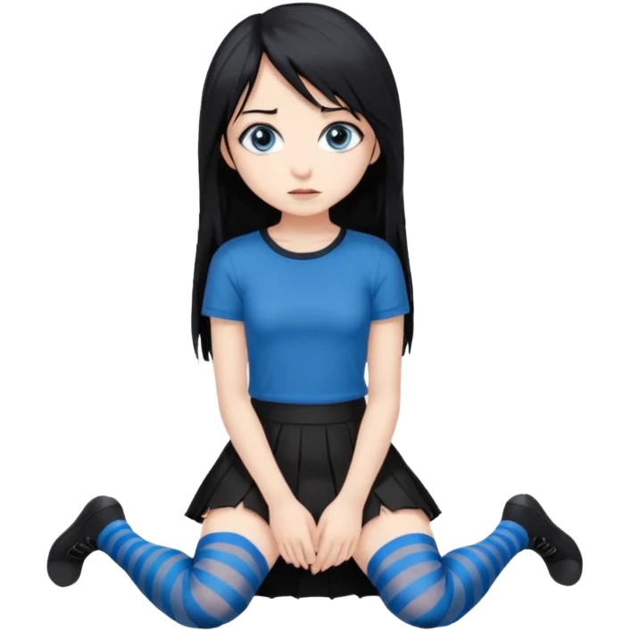 full body Front view emo girl blue eyes super long hair sits on the floor black skirt torn striped stockings emoji