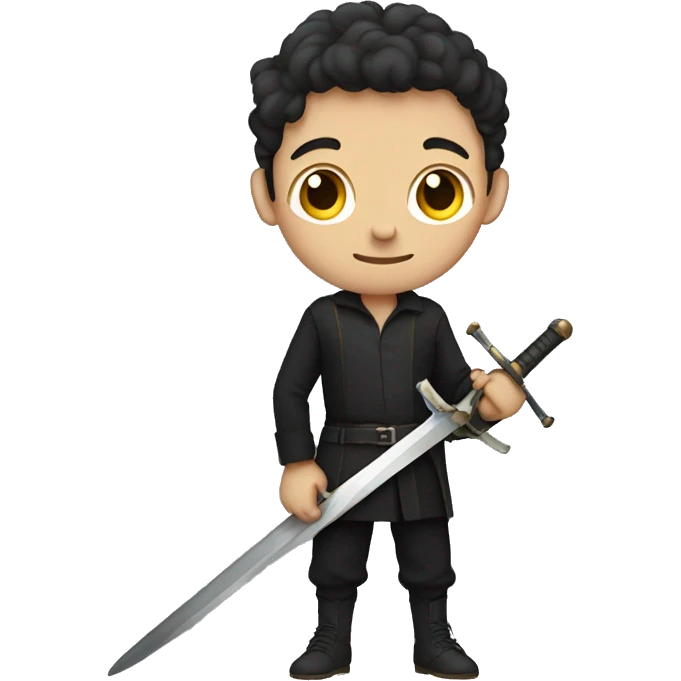 boy with dark pants and dark long sleeve shirt. One hand holding a sword emoji