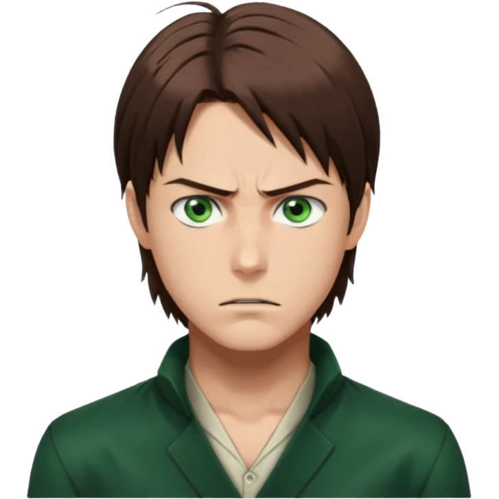 “Make him look like Eren Yeager S3 — long brown hair tied back, strong jawline, sharp green eyes, that cold, intense Eren vibe.” emoji