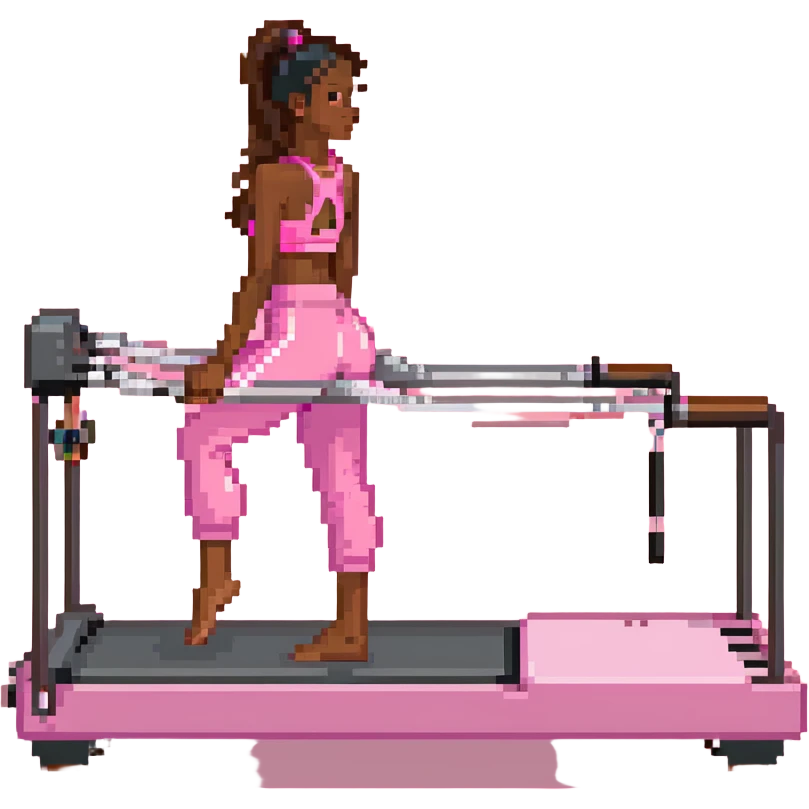 Brown girl in pink outfit on pink reformer pilates emoji